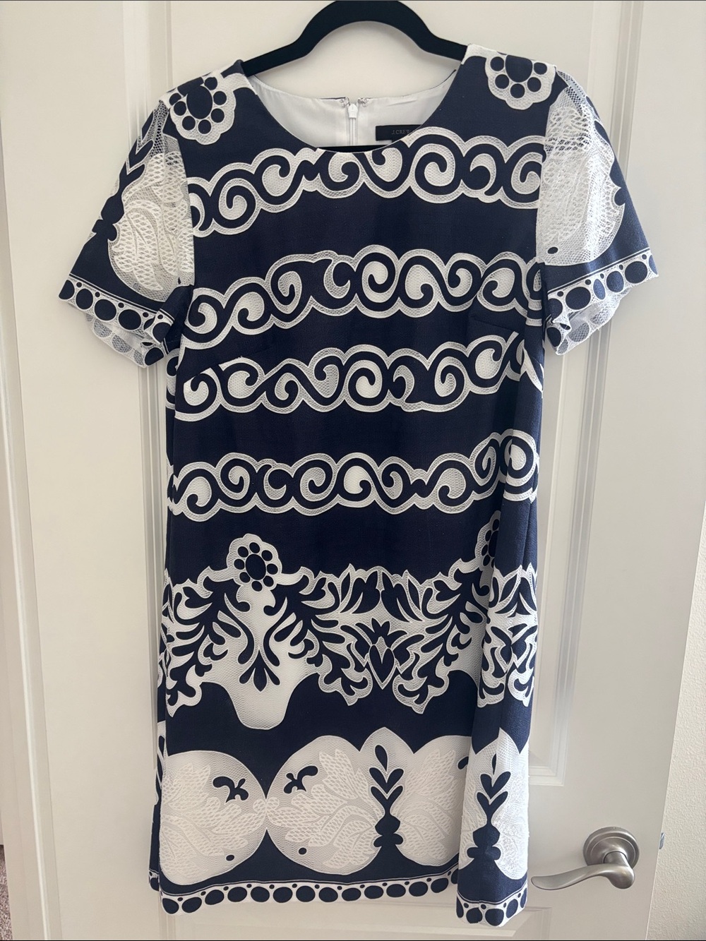 J. Crew Navy and White Scroll Print Short Sleeve Dress
